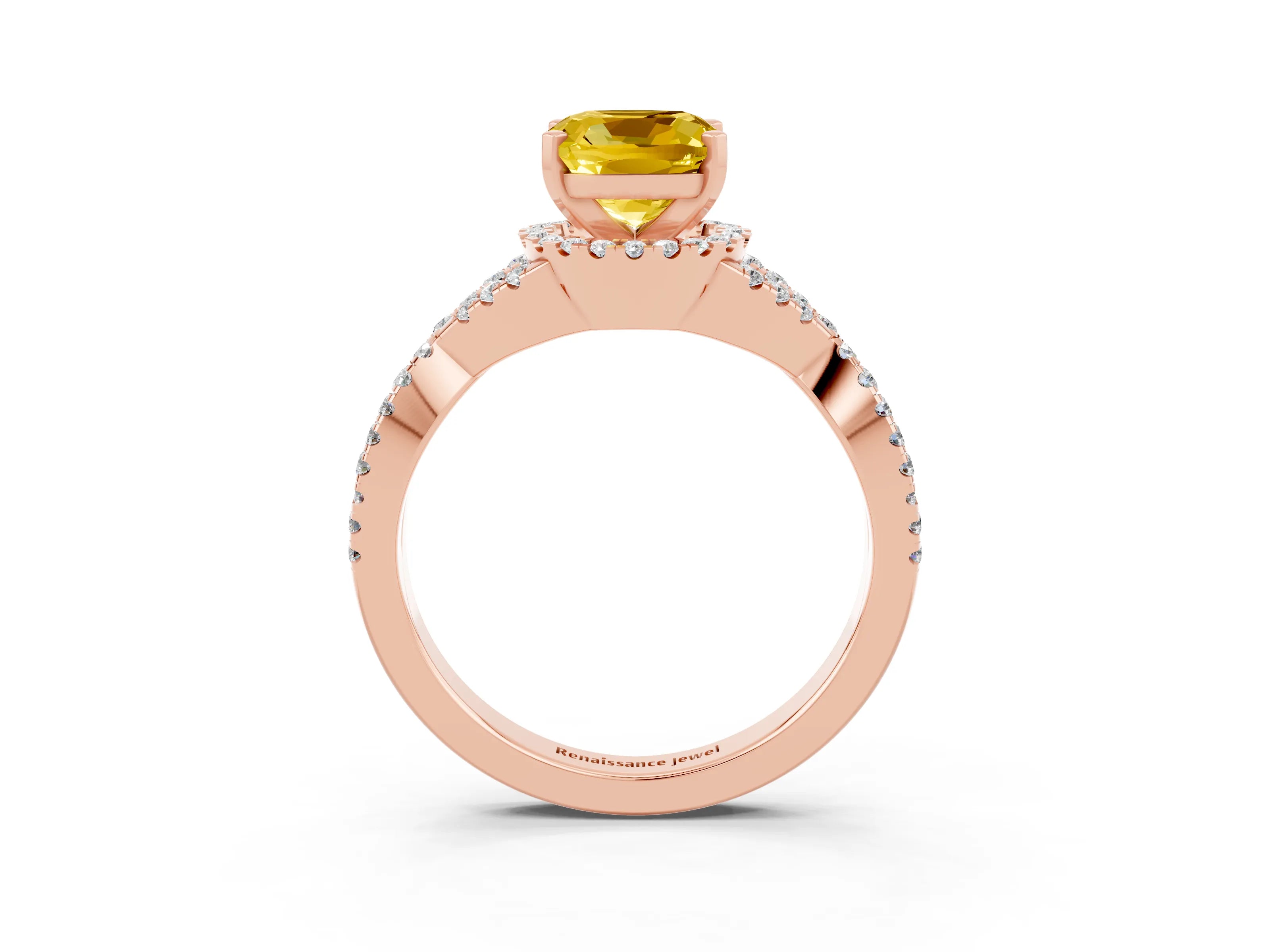 Rose gold Cushion Cut Yellow Sapphire Halo Twist Band Solitaire Prong Setting Ring_27