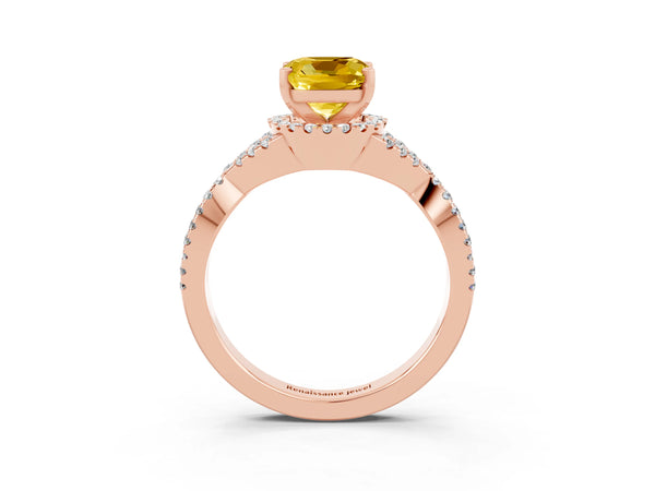 Rose gold Cushion Cut Yellow Sapphire  Halo Twist Band Solitaire Prong Setting Ring