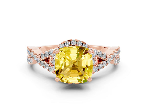 Rose gold Cushion Cut Yellow Sapphire  Halo Twist Band Solitaire Prong Setting Ring