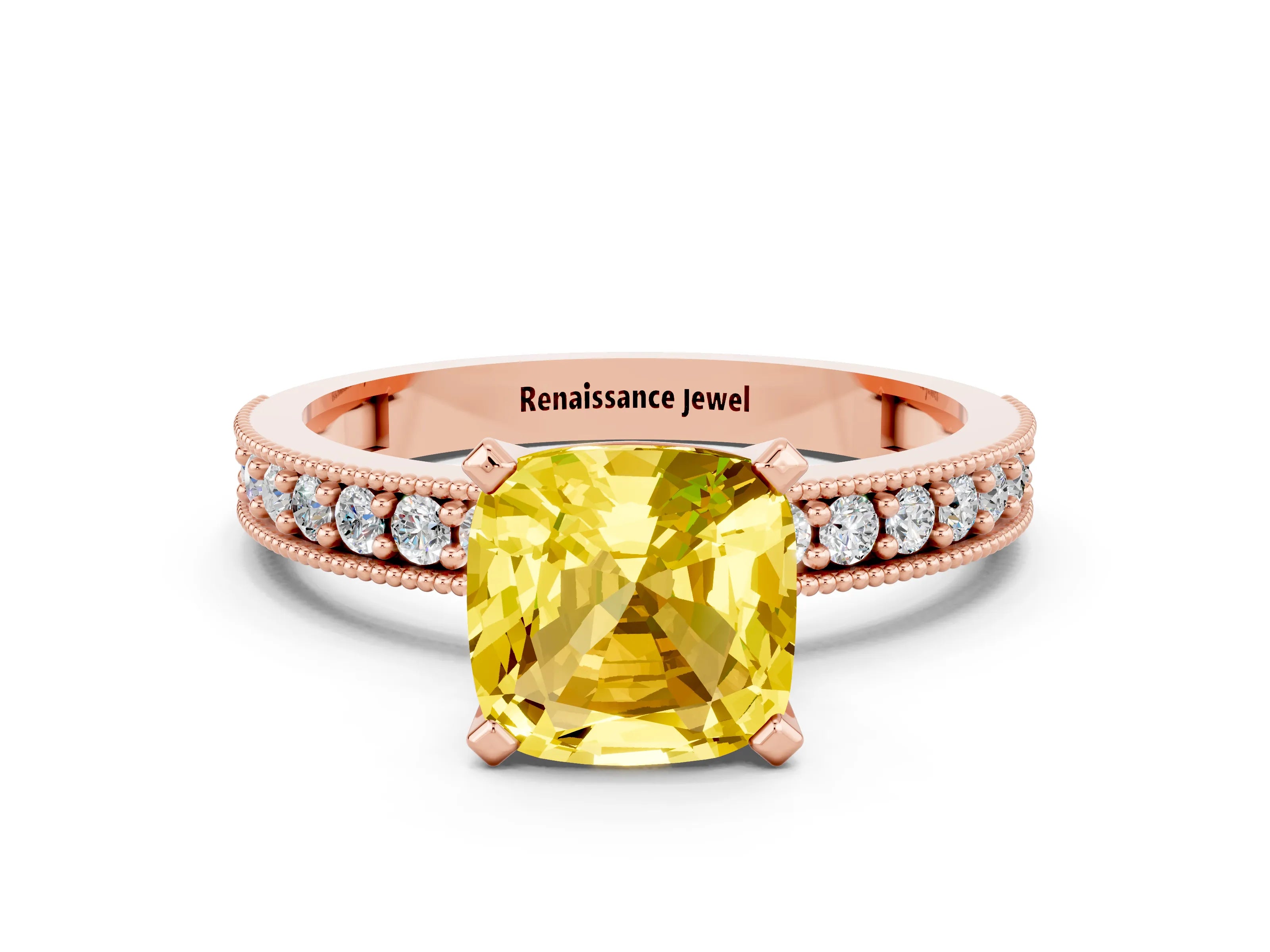 Rose gold Cushion Cut Yellow Sapphire Milgrain Pavé Engagement Ring with Four-Prong Setting_36