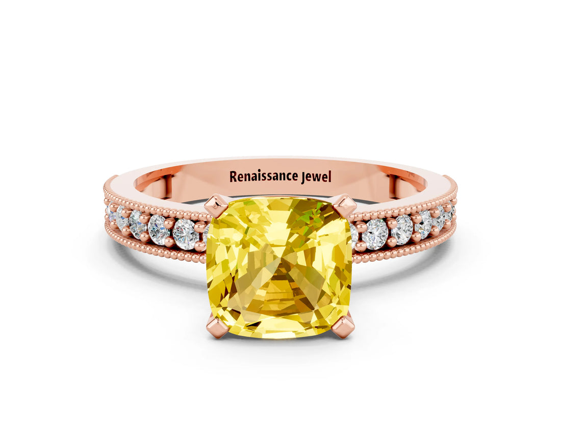 Rose gold Cushion Cut Yellow Sapphire Milgrain Pavé Engagement Ring with Four-Prong Setting_36