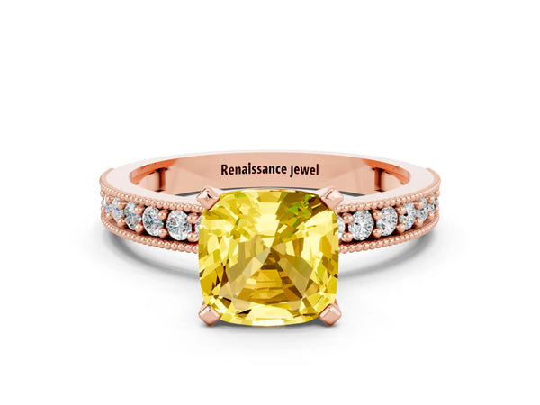 Rose gold Cushion Cut Yellow Sapphire Milgrain Pavé Engagement Ring with Four-Prong Setting