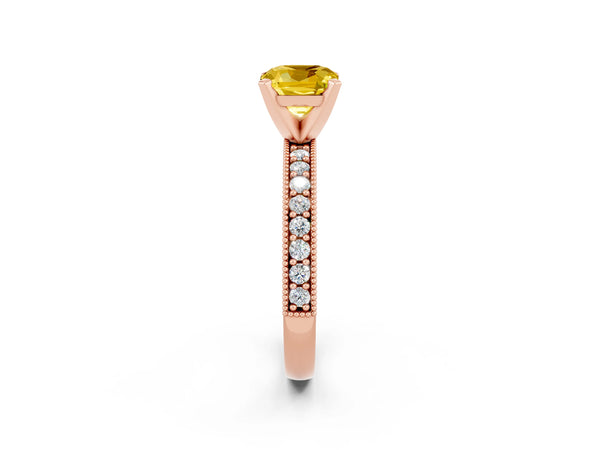 Rose gold Cushion Cut Yellow Sapphire Milgrain Pavé Engagement Ring with Four-Prong Setting
