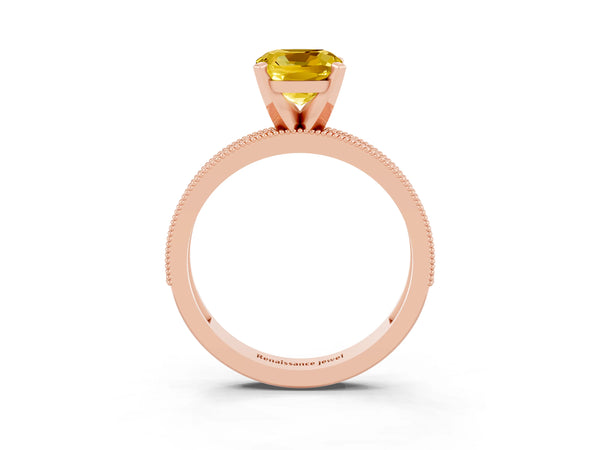 Rose gold Cushion Cut Yellow Sapphire Milgrain Pavé Engagement Ring with Four-Prong Setting