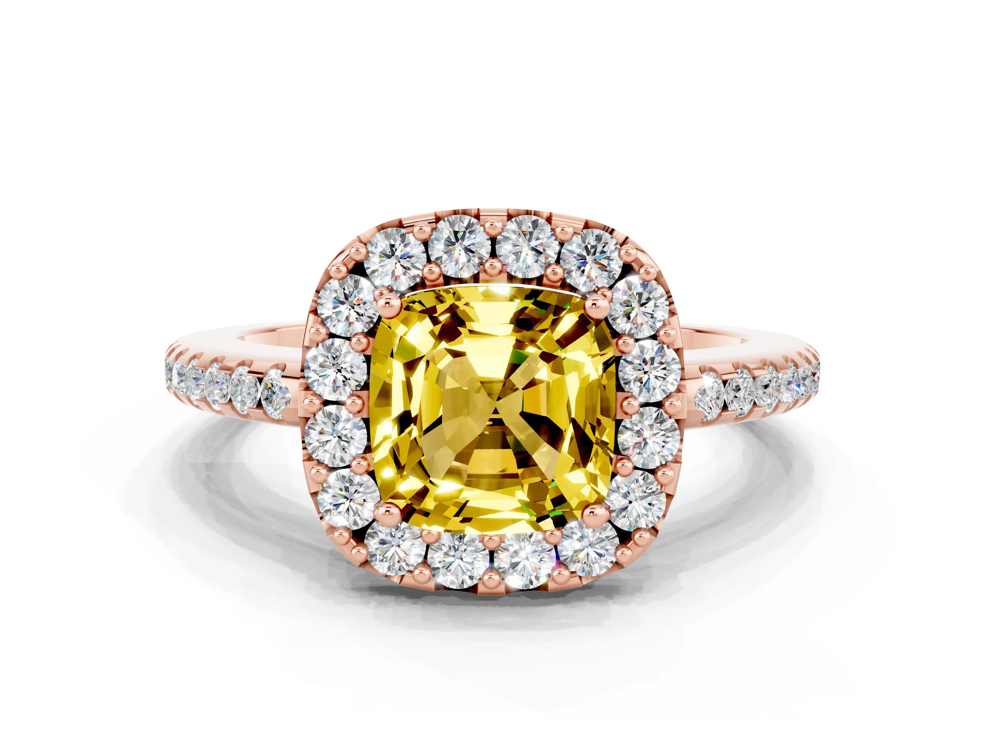 Rose gold Cushion Cut Yellow Sapphire Pavé Halo Ring with Four-Prong Setting_12