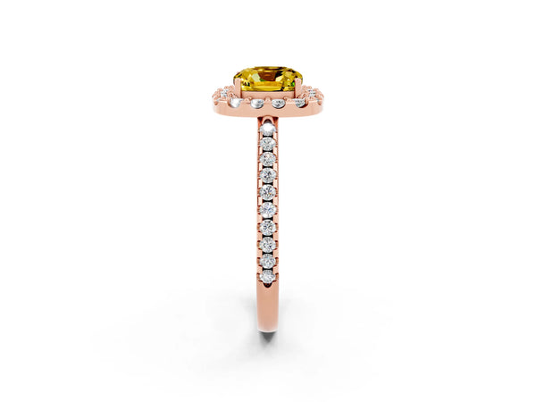 Rose gold Cushion Cut Yellow Sapphire Pavé Halo Ring with Four-Prong Setting