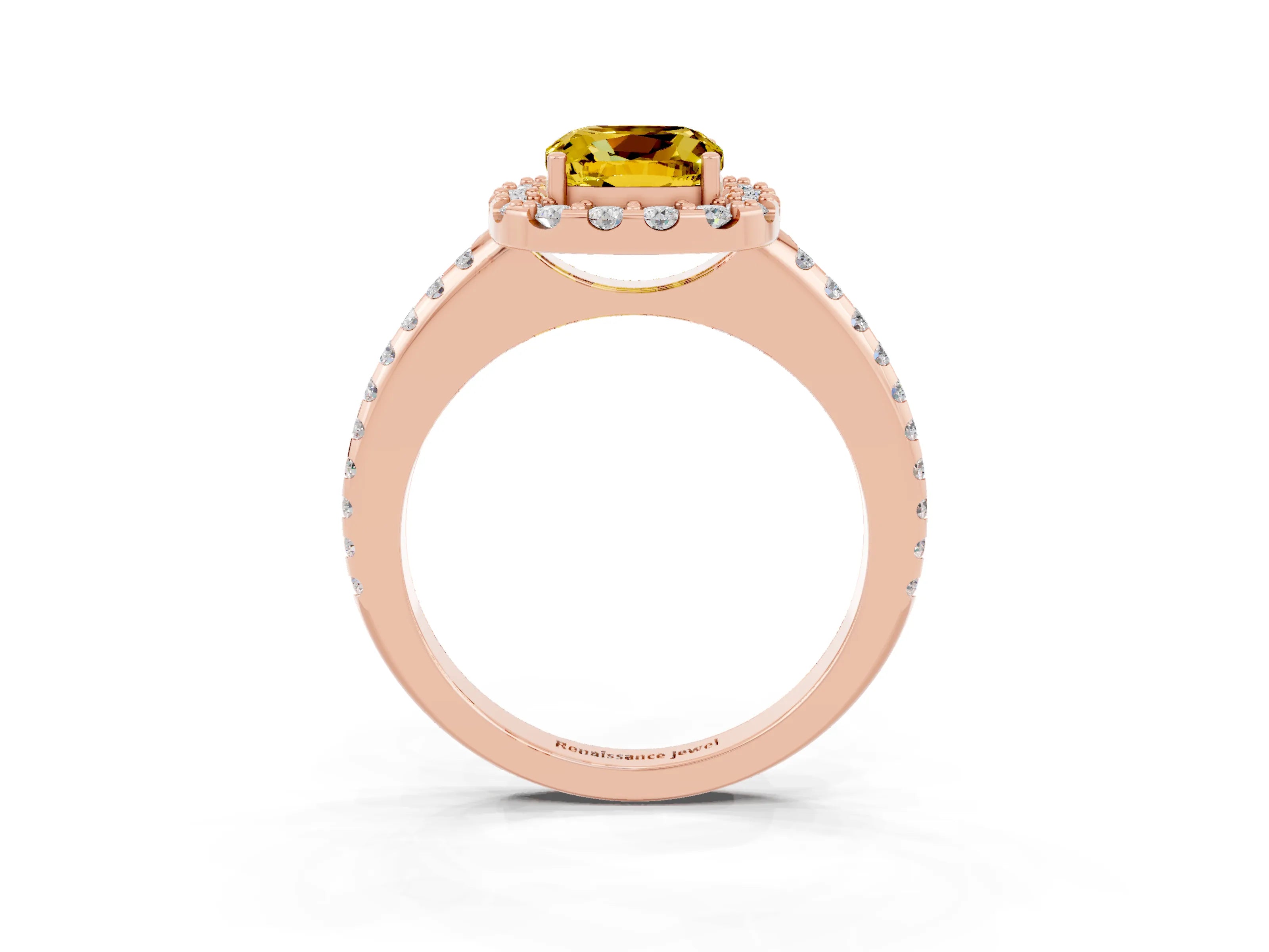 Rose gold Cushion Cut Yellow Sapphire Pavé Halo Ring with Four-Prong Setting_15