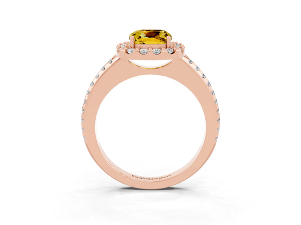 Rose gold Cushion Cut Yellow Sapphire Pavé Halo Ring with Four-Prong Setting