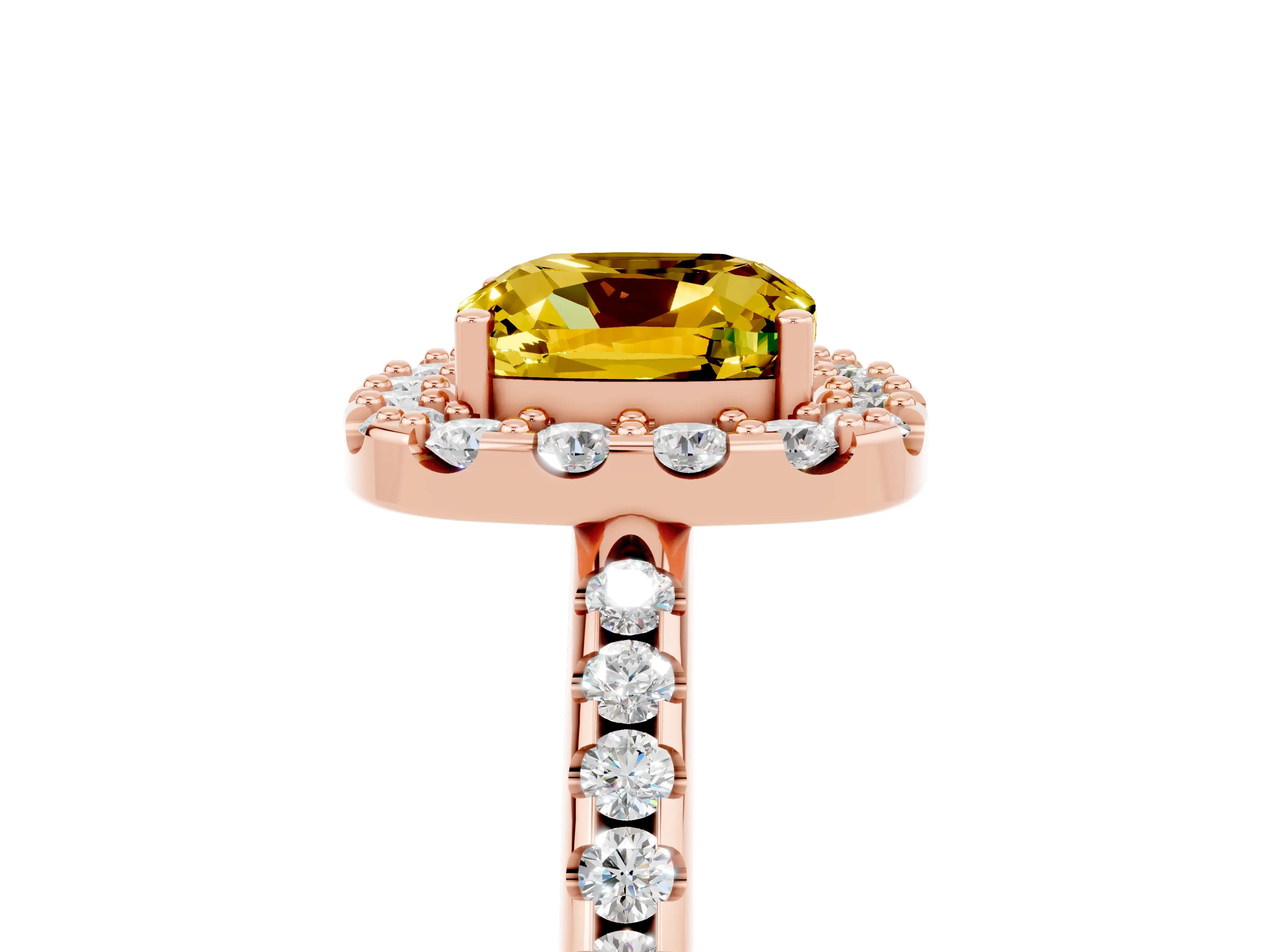 Rose gold Cushion Cut Yellow Sapphire Pavé Halo Ring with Four-Prong Setting_17