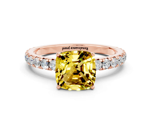 Rose gold Cushion Cut Yellow Sapphire Pavé Solitaire Engagement Ring with Four-Prong Setting_12