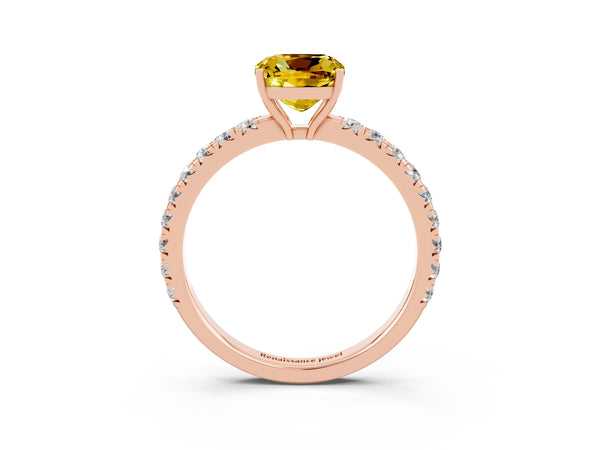 Rose gold Cushion Cut Yellow Sapphire Pavé Solitaire Engagement Ring with Four-Prong Setting