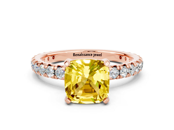 Rose gold Cushion Cut Yellow Sapphire Pavé Solitaire Ring with Round Band and Prong Setting