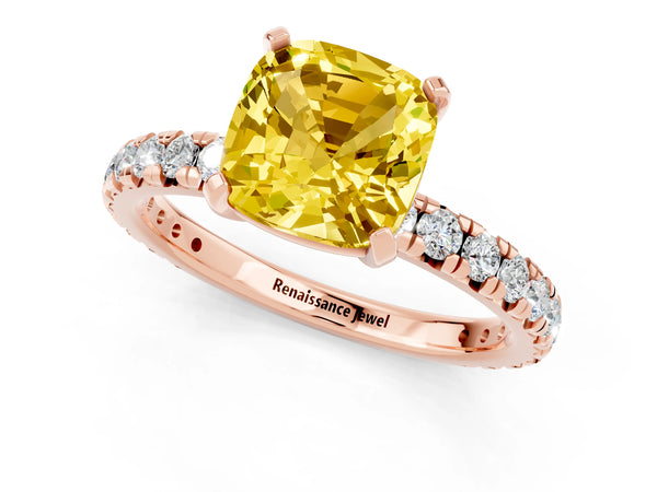 Rose gold Cushion Cut Yellow Sapphire Pavé Solitaire Ring with Round Band and Prong Setting