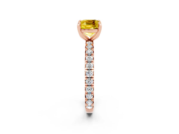 Rose gold Cushion Cut Yellow Sapphire Pavé Solitaire Ring with Round Band and Prong Setting