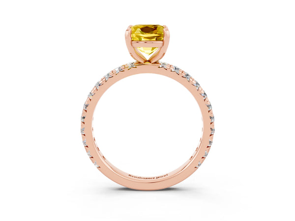 Rose gold Cushion Cut Yellow Sapphire Pavé Solitaire Ring with Round Band and Prong Setting