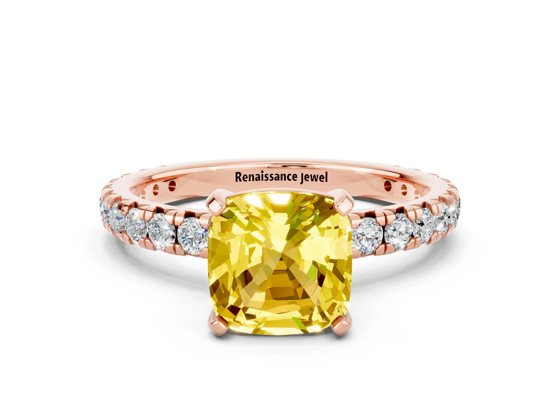 Rose gold Cushion Cut Yellow Sapphire Pavé Solitaire Ring with Round Band and Prong Setting_24
