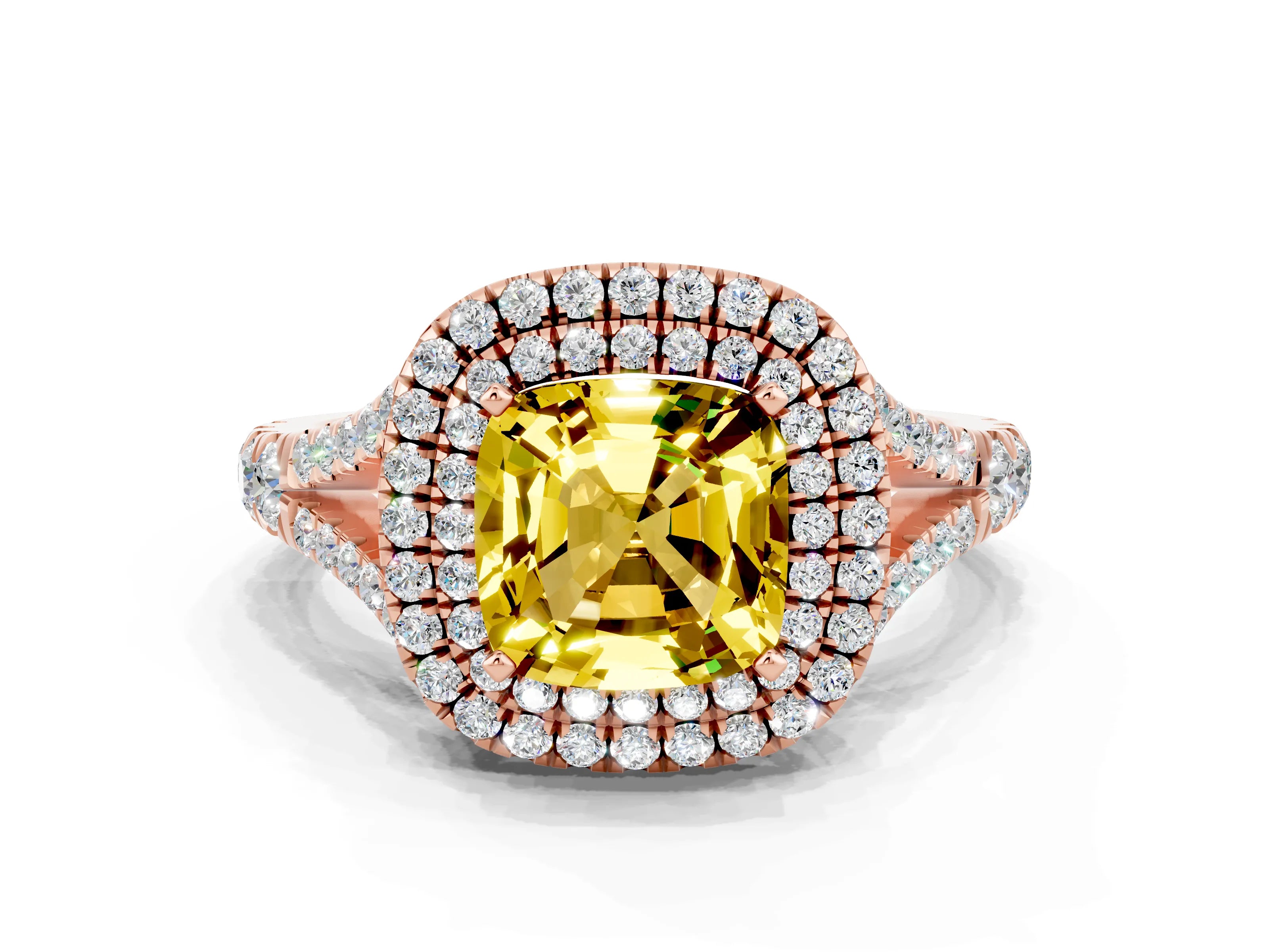 Rose gold Cushion Cut Yellow Sapphire Pavé Split Shank Double Halo Engagement Ring