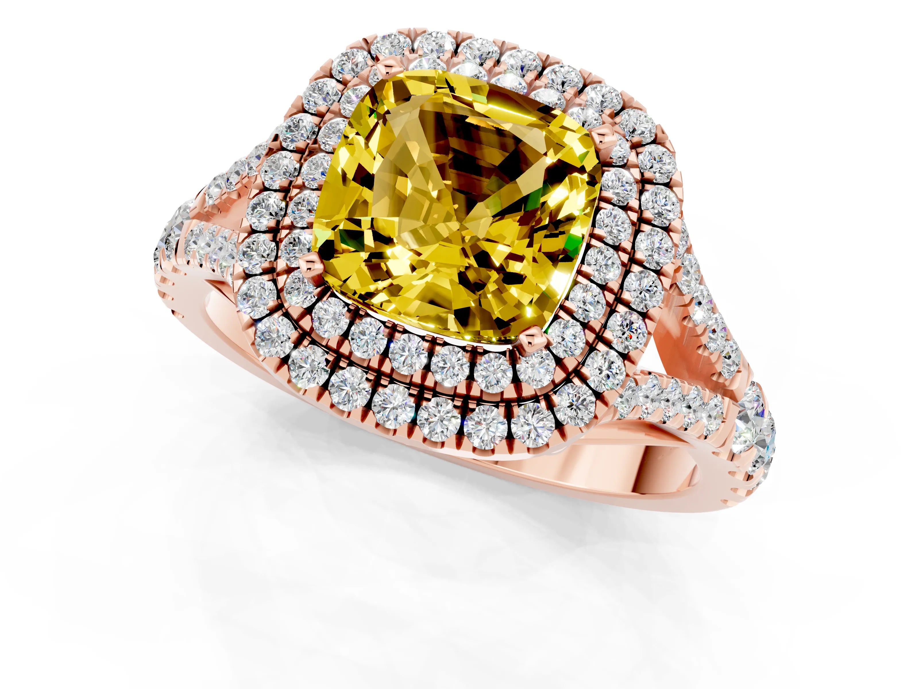 Rose gold Cushion Cut Yellow Sapphire Pavé Split Shank Double Halo Engagement Ring_1