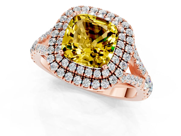 Rose gold Cushion Cut Yellow Sapphire Pavé Split Shank Double Halo Engagement Ring