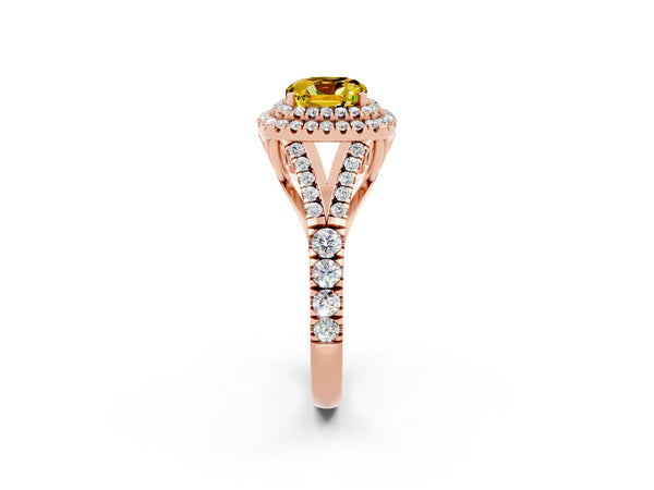 Rose gold Cushion Cut Yellow Sapphire Pavé Split Shank Double Halo Engagement Ring