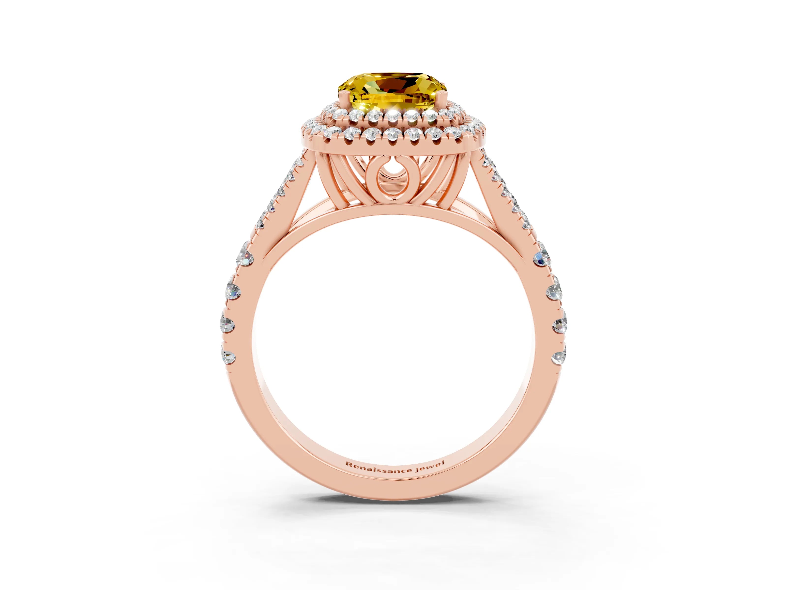 Rose gold Cushion Cut Yellow Sapphire Pavé Split Shank Double Halo Engagement Ring_3