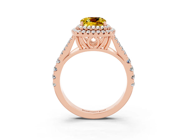 Rose gold Cushion Cut Yellow Sapphire Pavé Split Shank Double Halo Engagement Ring