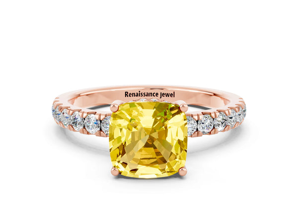 Rose gold Cushion Cut Yellow Sapphire Pave Band Solitaire Ring with Round  and Prong Setting