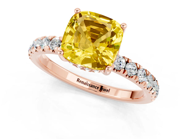 Rose gold Cushion Cut Yellow Sapphire Pave Band Solitaire Ring with Round  and Prong Setting