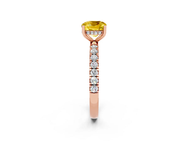 Rose gold Cushion Cut Yellow Sapphire Pave Band Solitaire Ring with Round  and Prong Setting