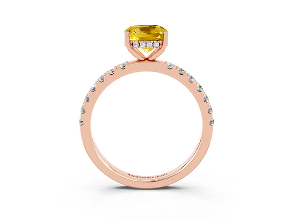 Rose gold Cushion Cut Yellow Sapphire Pave Band Solitaire Ring with Round  and Prong Setting