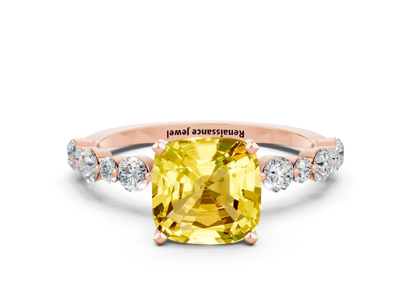 Rose gold Cushion Cut Yellow Sapphire Prong Set Engagement Ring with Pavé Band