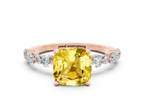 Rose gold Cushion Cut Yellow Sapphire Prong Set Engagement Ring with Pavé Band_12