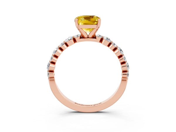 Rose gold Cushion Cut Yellow Sapphire Prong Set Engagement Ring with Pavé Band