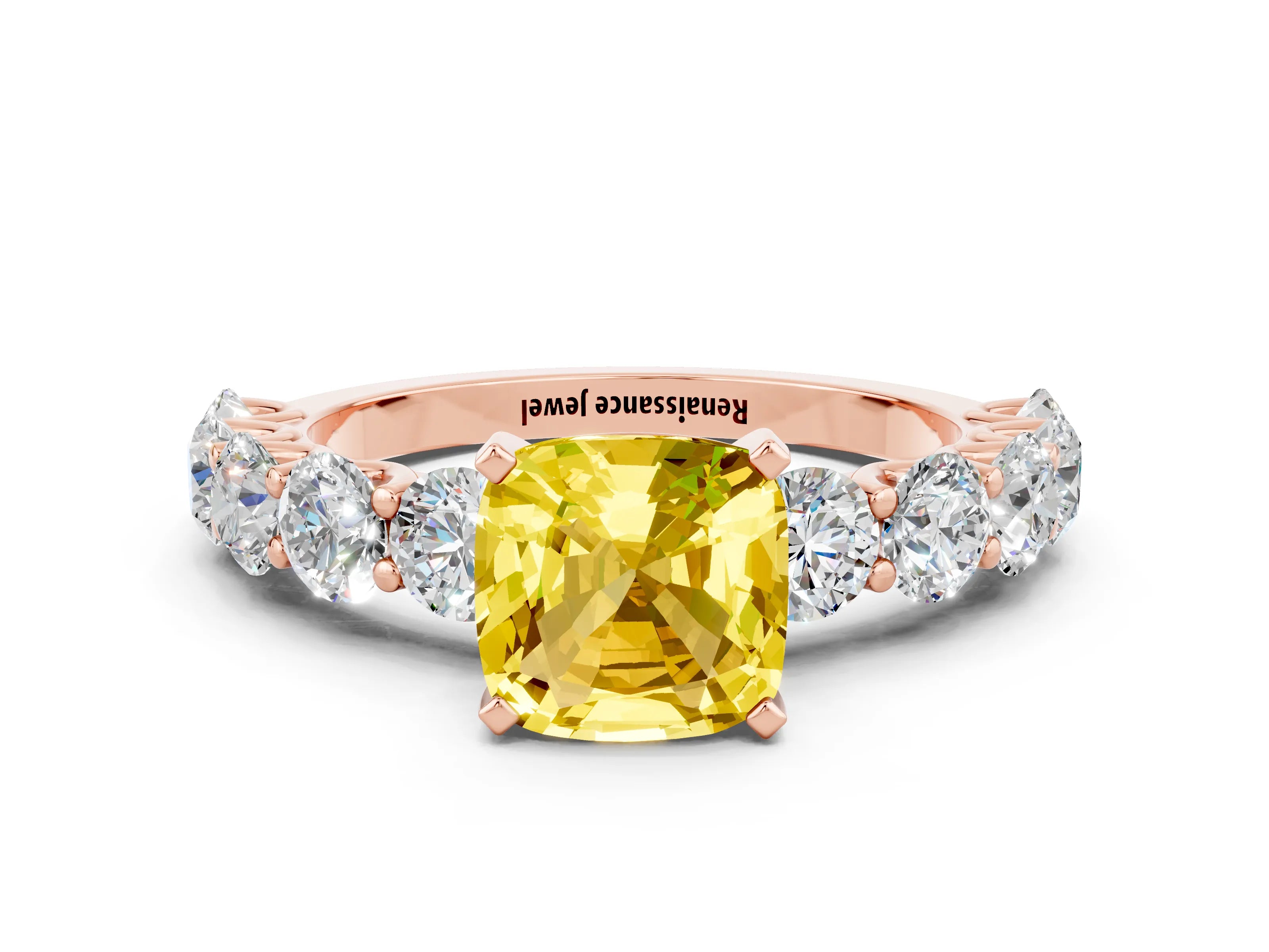 Rose gold Cushion Cut Yellow Sapphire Prong Setting with Side Stones on a Pave Band_24