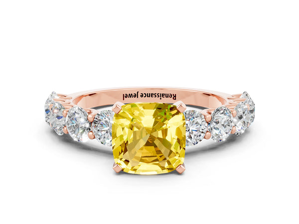 Rose gold Cushion Cut Yellow Sapphire Prong Setting with Side Stones on a Pave Band