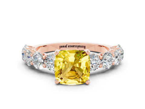 Rose gold Cushion Cut Yellow Sapphire Prong Setting with Side Stones on a Pave Band_24