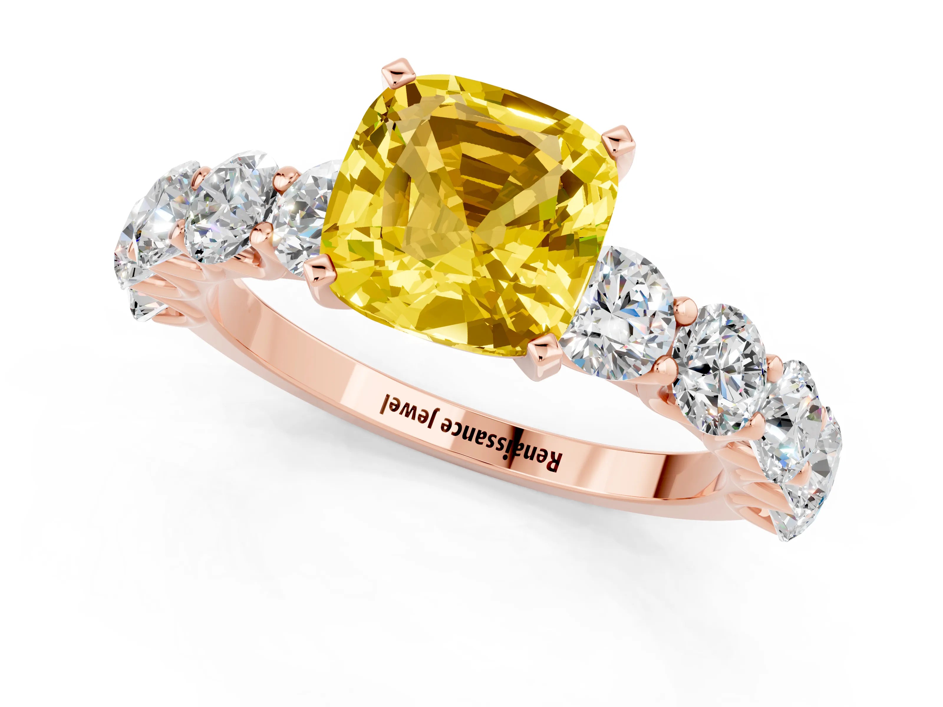 Rose gold Cushion Cut Yellow Sapphire Prong Setting with Side Stones on a Pave Band_25