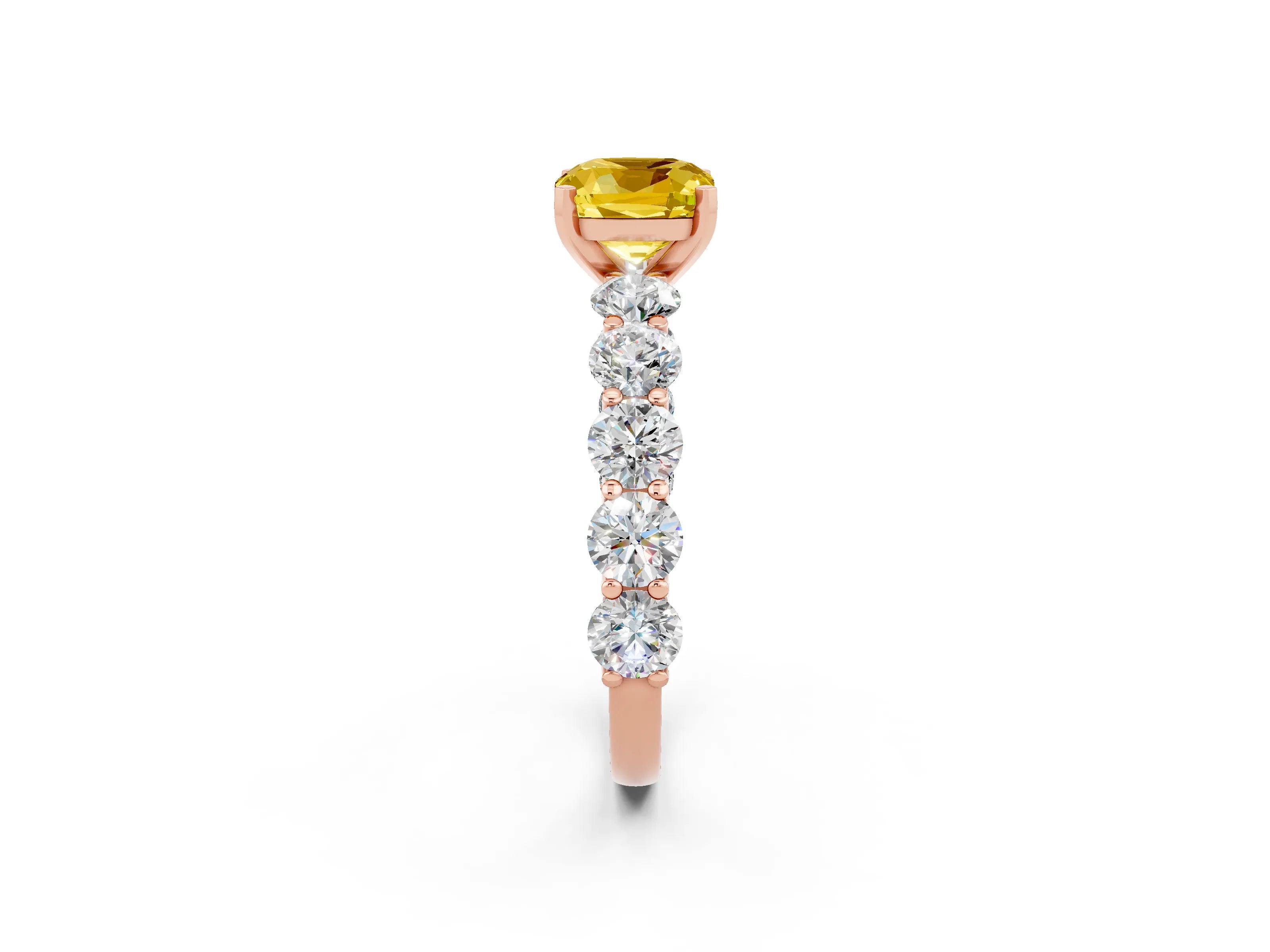 Rose gold Cushion Cut Yellow Sapphire Prong Setting with Side Stones on a Pave Band_26