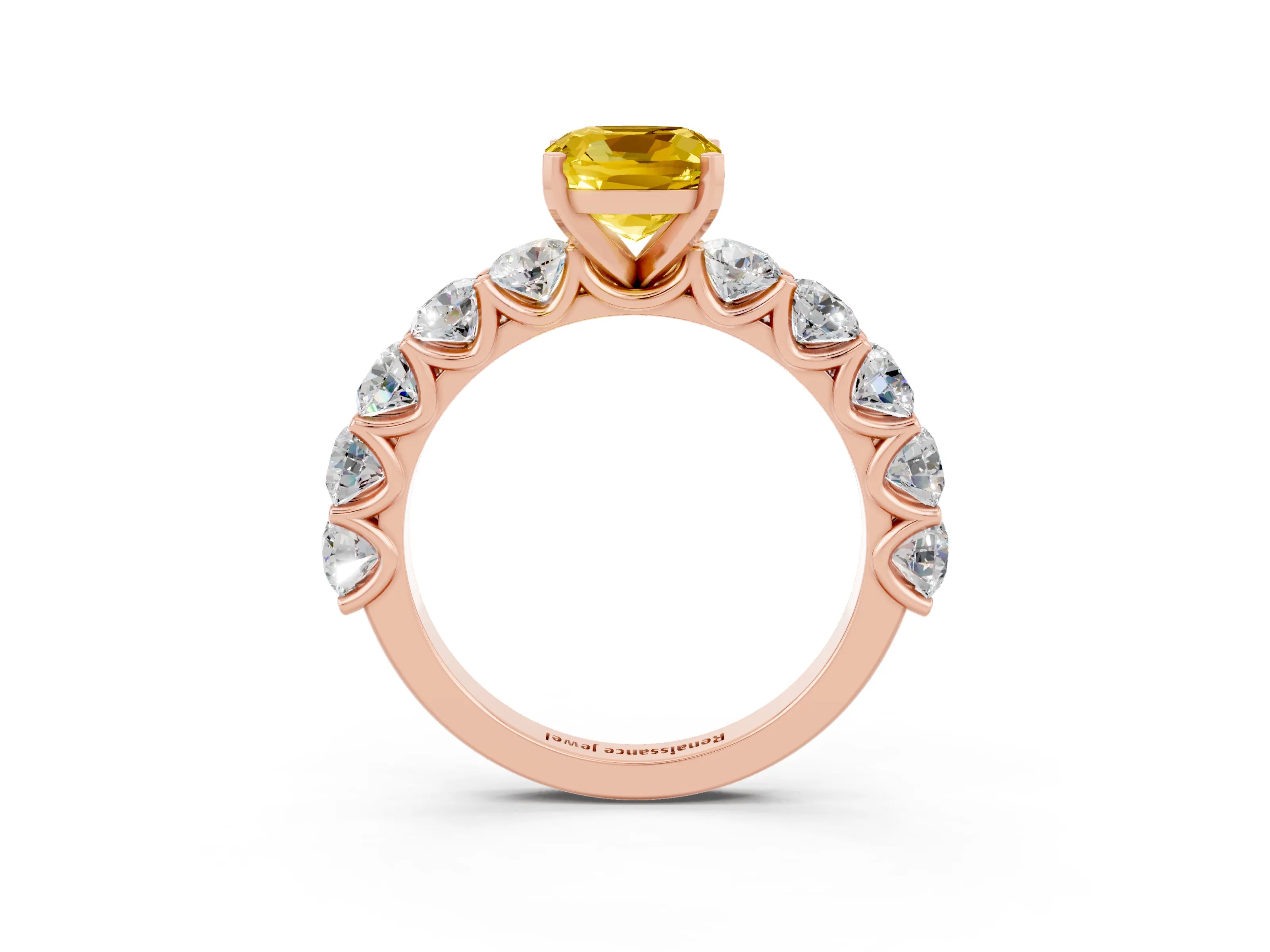 Rose gold Cushion Cut Yellow Sapphire Prong Setting with Side Stones on a Pave Band_27