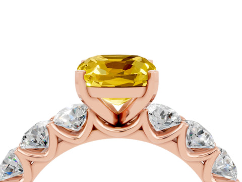 Rose gold Cushion Cut Yellow Sapphire Prong Setting with Side Stones on a Pave Band_28
