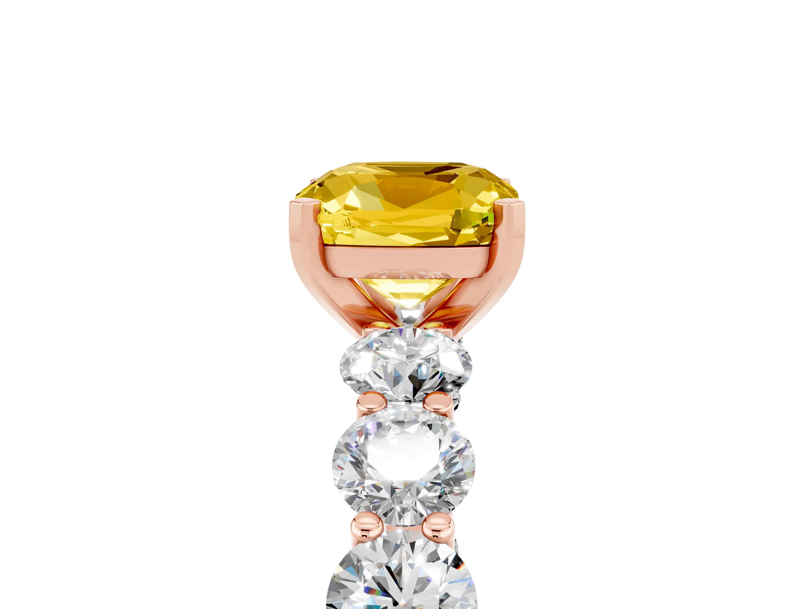 Rose gold Cushion Cut Yellow Sapphire Prong Setting with Side Stones on a Pave Band_29