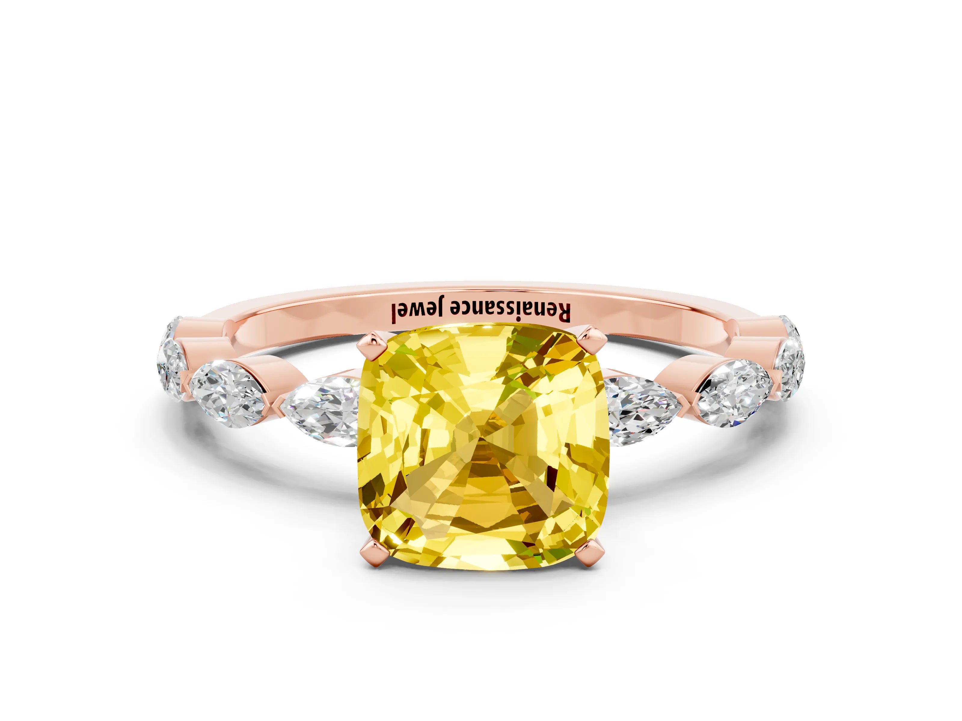 Rose gold Cushion Cut Yellow Sapphire Ring with Marquise Side Stones and Prong Setting_12