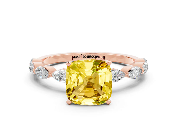 Rose gold Cushion Cut Yellow Sapphire Ring with Marquise Side Stones and Prong Setting