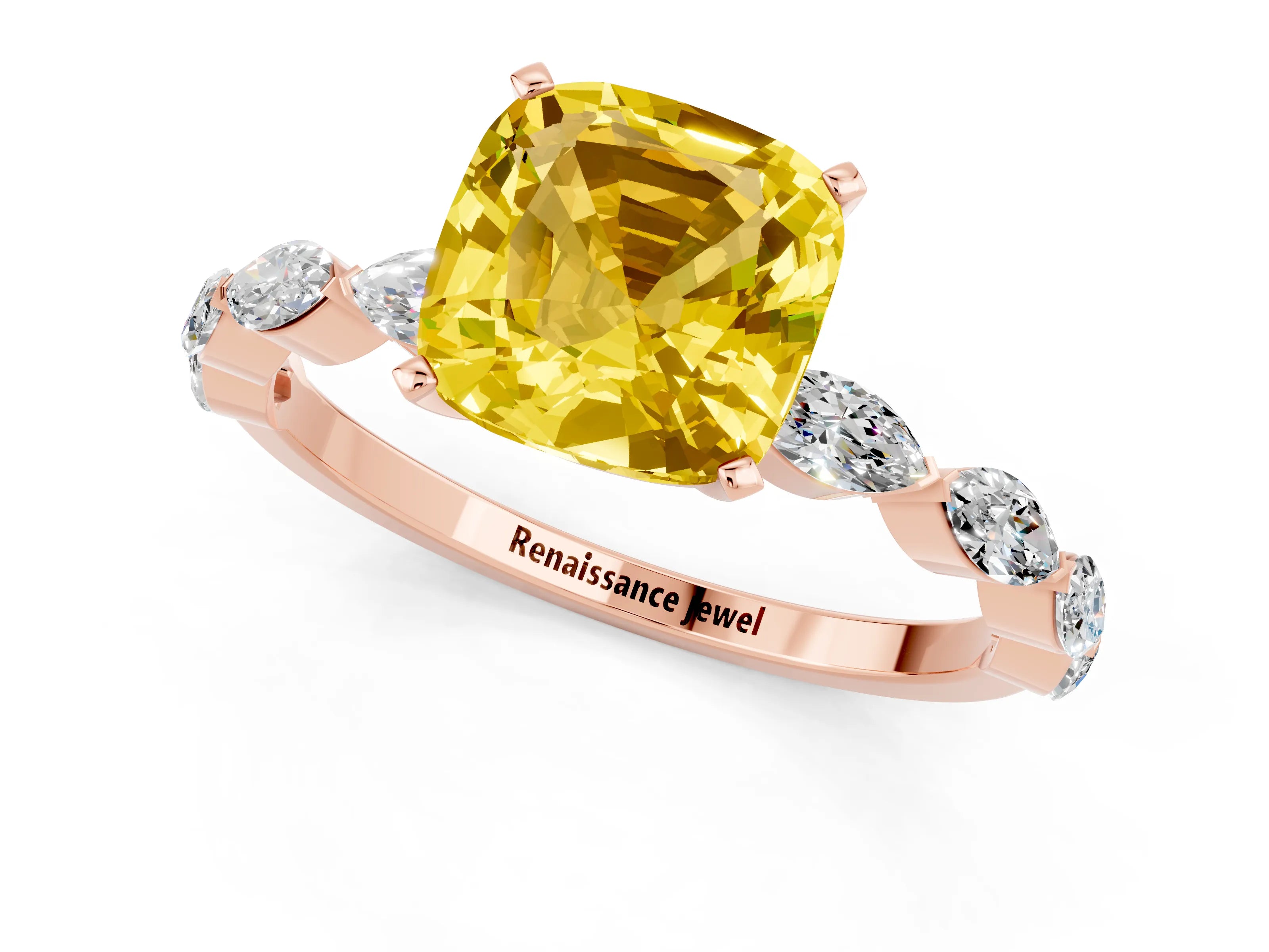 Rose gold Cushion Cut Yellow Sapphire Ring with Marquise Side Stones and Prong Setting_13