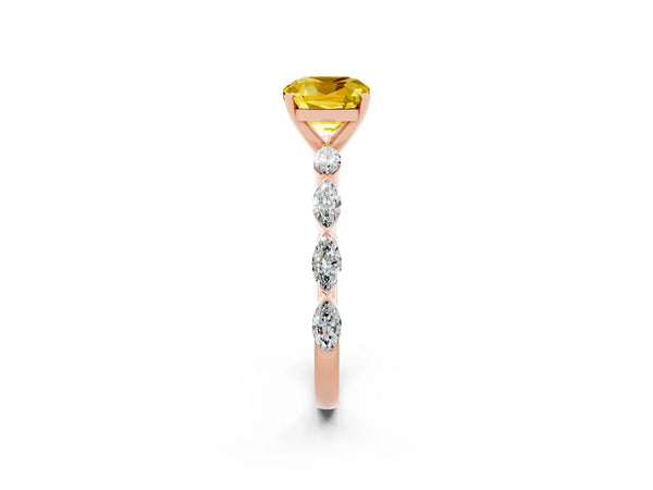 Rose gold Cushion Cut Yellow Sapphire Ring with Marquise Side Stones and Prong Setting