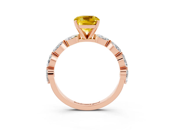 Rose gold Cushion Cut Yellow Sapphire Ring with Marquise Side Stones and Prong Setting