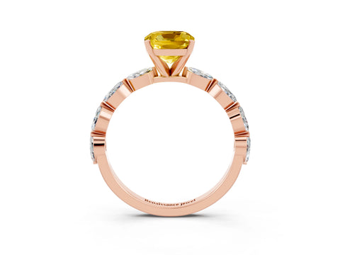 Rose gold Cushion Cut Yellow Sapphire Ring with Marquise Side Stones and Prong Setting_15
