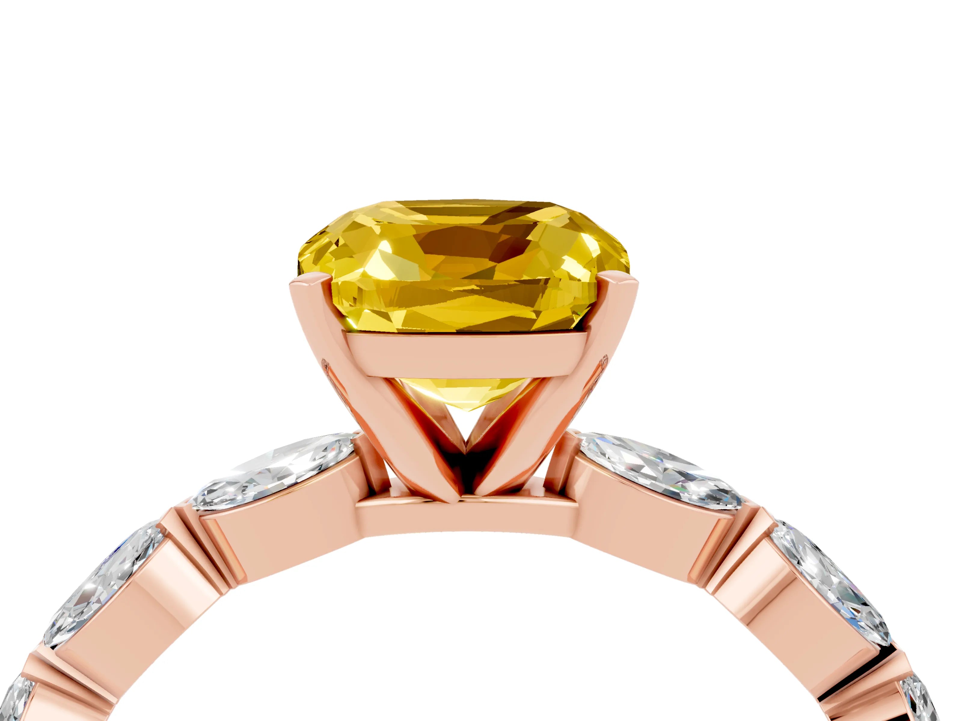 Rose gold Cushion Cut Yellow Sapphire Ring with Marquise Side Stones and Prong Setting_16