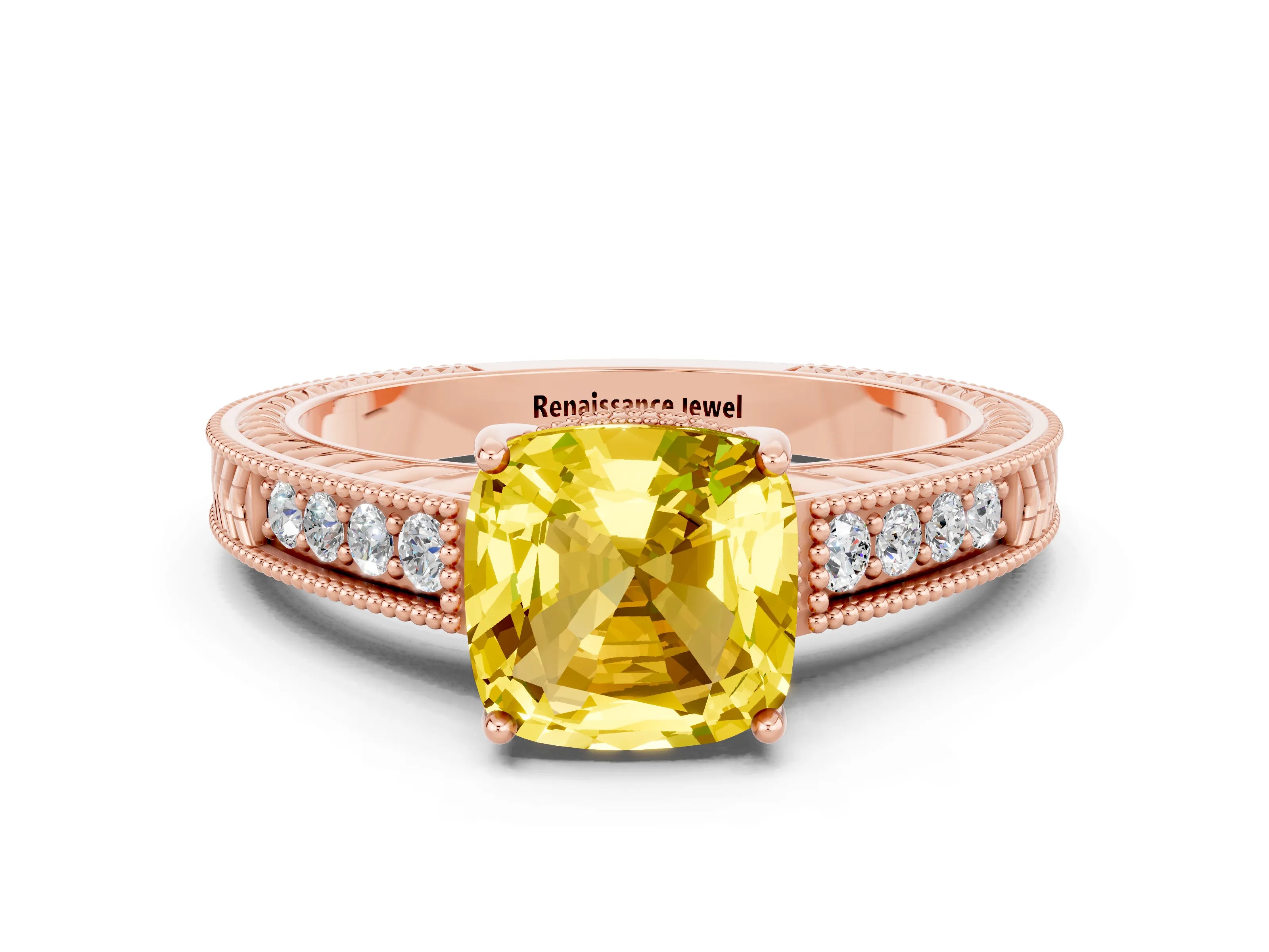Rose gold Cushion Cut Yellow Sapphire Ring with Milgrain Pavé Band and Four-Prong Setting_36