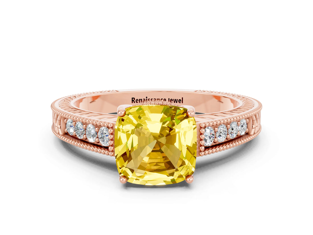 Rose gold Cushion Cut Yellow Sapphire Ring with Milgrain Pavé Band and Four-Prong Setting_36
